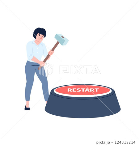 Businesswoman press restart button with giant hammer. New look on business, owner updates work processes. Renewal flat recent vector scene Businesswoman press restart button with giant hammer. New look on business, owner updates work processes. Renewal flat recent vector scene 124315214
