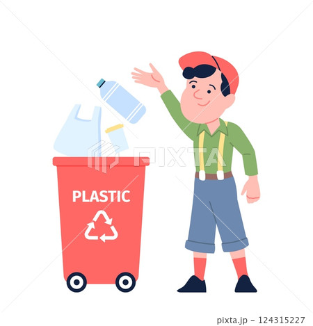 Boy sorting garbage. Kid throw out plastic bottle bag and cup in right container. Separate waste, save environment from childhood, recent vector scene 124315227