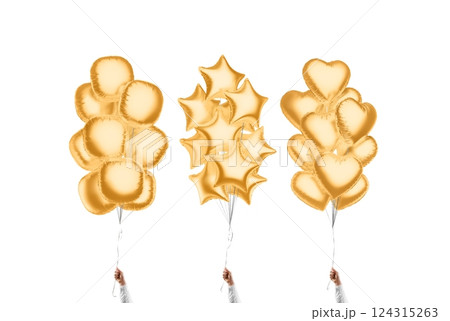 Hand holding gold star, round, heart balloon bouquet mockup, isolated 124315263