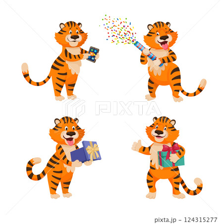 Cartoon tiger with confetti and gift box celebrating Cartoon tiger with confetti and gift box celebrating 124315277