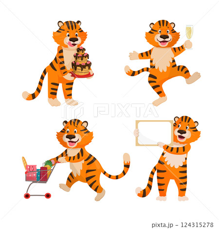 Cartoon tiger shopping and carrying a festive cake Cartoon tiger shopping and carrying a festive cake 124315278