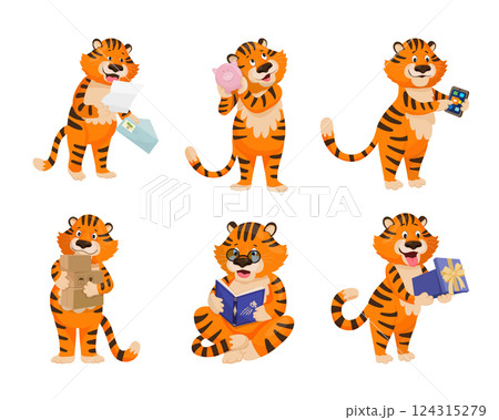 Cartoon tiger holding a wrapped gift box, celebrating 124315279