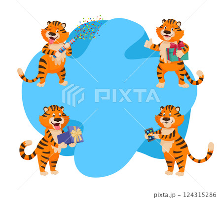 Playful tiger frame with cute characters on corners 124315286