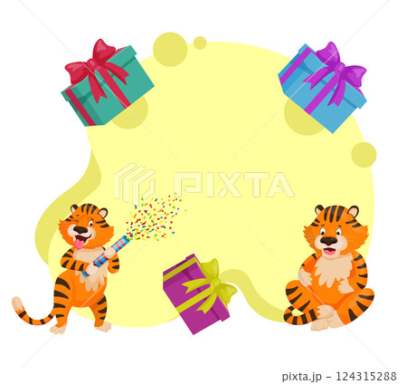 Festive tiger frame with gift boxes for party invites Festive tiger frame with gift boxes for party invites 124315288