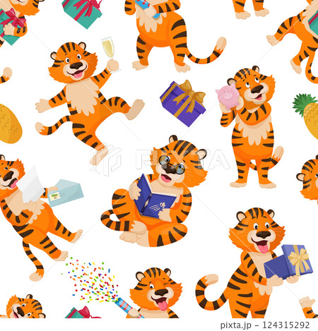 Seamless pattern with cartoon tigers and gifts Seamless pattern with cartoon tigers and gifts 124315292