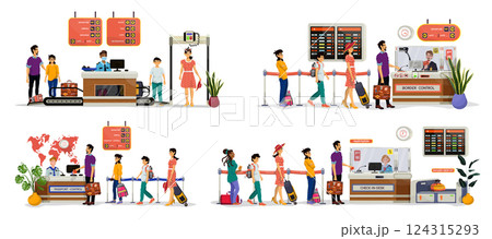 Set of vector flat illustrations of security, passport, border control desk and check-in-desk. 124315293