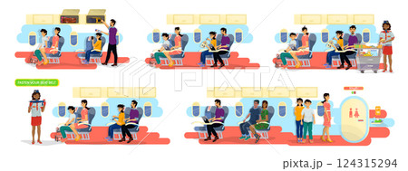Collection of flat illustrations of fasten seat belts, boarding, serving food during the flight. 124315294
