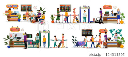 Collection of vector flat illustrations of duty free, security search, customs and ticket check. 124315295