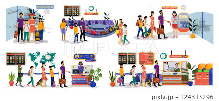 Set of flat illustrations of boarding gate, baggage reclaim, buying sim cards, currency exchange. Set of flat illustrations of boarding gate, baggage reclaim, buying sim cards, currency exchange. 124315296