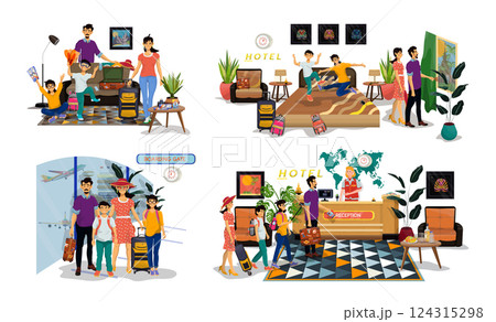 Set of flat illustrations of family packing suitcases, in a hotel, near boarding gate, booking room. 124315298