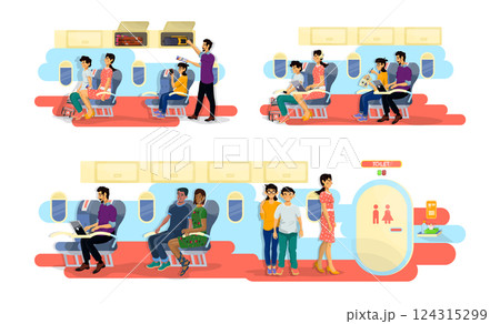 Set of flat illustrations of happy family in cabin of plane during the flight and queue to a toilet. Set of flat illustrations of happy family in cabin of plane during the flight and queue to a toilet. 124315299