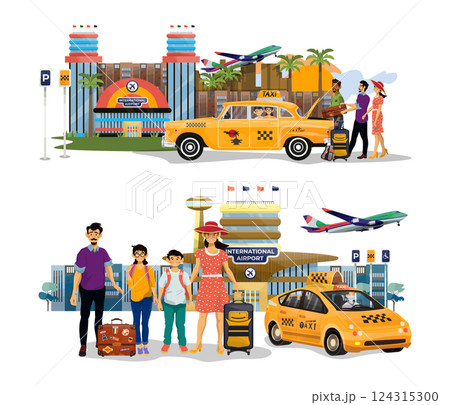 Vector illustration of family go on a retro taxi on holiday. Family arrived to the airport. 124315300