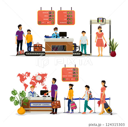 Vector Illustration of passport and border control, airport inspection process by inspector. 124315303