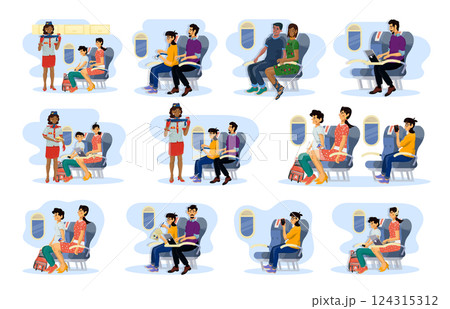 Collection of flat illustrations of fasten seat belts, boarding, serving food during the flight. 124315312