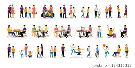 Collection of people and characters. Situations happy family. School children. Parents and children. 124315315