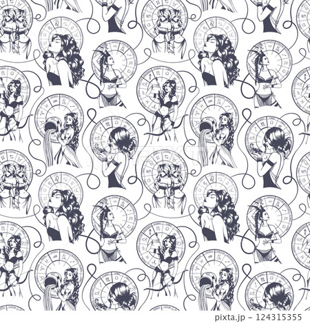 Seamless pattern with hand drawn monochrome arts of beautiful woman with astrological signs. 124315355