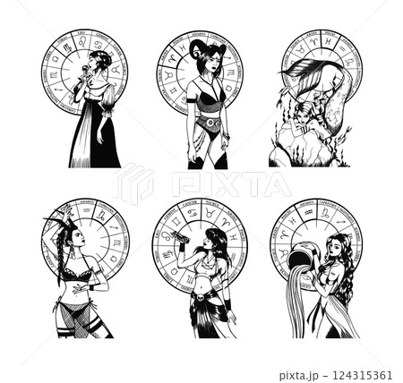 Hand drawn illustrations and silhouettes of monochrome arts of astrological signs and beauty women. 124315361