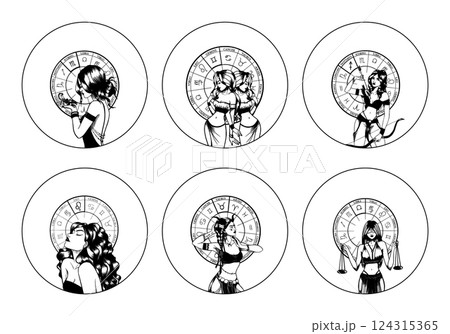 Set of monochrome symbols, icons with astrological signs and romantic beauty women. Zodiac symbols. 124315365