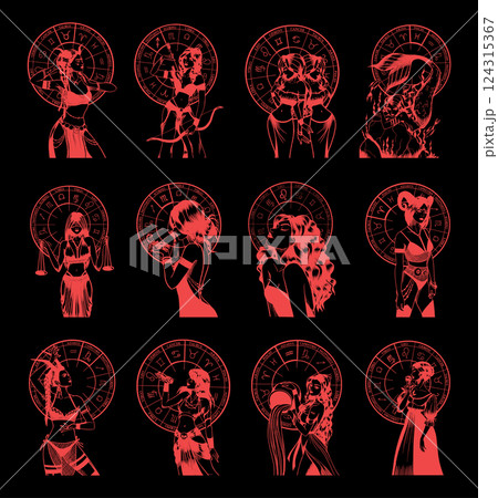 Hand drawn illustrations and silhouettes of monochrome arts of astrological signs and beauty women. 124315367
