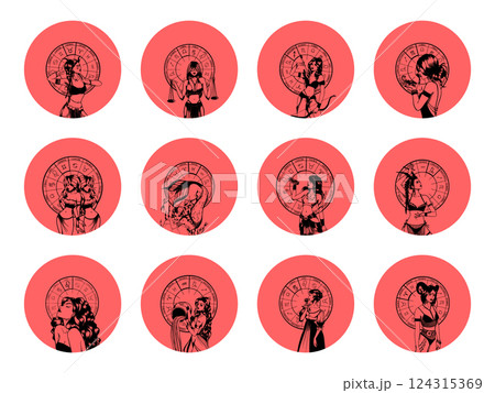 Set of monochrome symbols, icons with astrological signs and romantic beauty women. Zodiac symbols. Set of monochrome symbols, icons with astrological signs and romantic beauty women. Zodiac symbols. 124315369