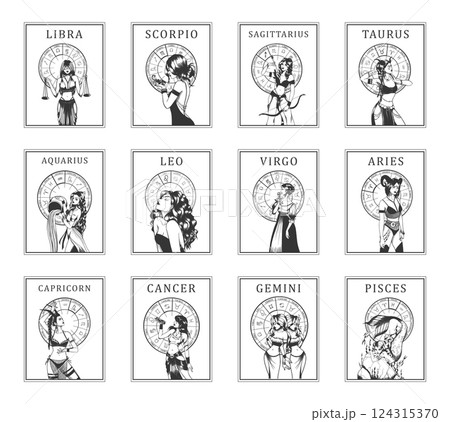 Set of vector illustrations of monochrome cards with astrological signs and romantic beauty women. Set of vector illustrations of monochrome cards with astrological signs and romantic beauty women. 124315370