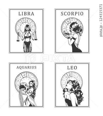 Set of vector illustrations of monochrome cards with astrological signs and romantic beauty women. Set of vector illustrations of monochrome cards with astrological signs and romantic beauty women. 124315371