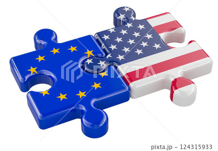 The USA and the EU puzzles from flags, relation concept. 3D rendering 124315933