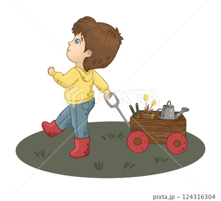 Boy Pulling Cart with Gardening Tools 124316304