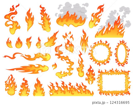 Cartoon fire flames set. Comic burn flame shapes, painting fuego curve firestorm hot blaze effect fireball angry evil hell bonfire heat fireflame fires, tidy vector illustration 124316695
