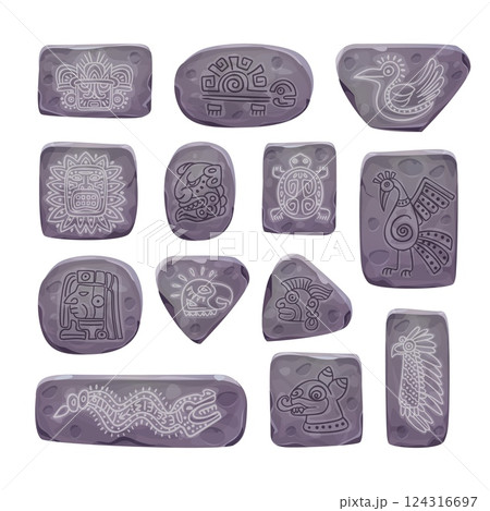 Maya stone symbols. Aztec inca mayan rocks with ritual pagan rune, ancient civilization tribal signs ui cartoon game assets mexico culture element set, swanky vector illustration 124316697