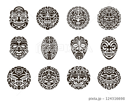 Maori mask. Polynesian tribal ritual masks pattern face tattoo, tiki mayan african peru aztec ethnic totem mythology traditional art symbol design set, swanky vector illustration 124316698