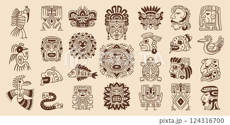 Mayan totem symbols. Maya civilization pattern, inca aztec tribal indigenous ornate ancient mexican or native american indian ethnic art symbol, tattoo swanky vector illustration Mayan totem symbols. Maya civilization pattern, inca aztec tribal indigenous ornate ancient mexican or native american indian ethnic art symbol, tattoo swanky vector illustration 124316700