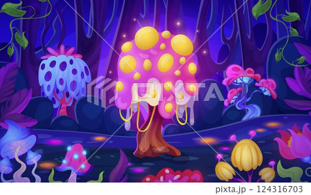 Night magic forest landscape. Fantasy enchanted nature, alien jungle fairy tale world game level dream dark background magical trees plants cartoon scene swanky vector illustration 124316703
