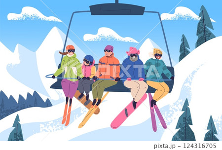 Skiers chairlift. People lifting up on ski lift cableway, man skier woman with snowboard take cable car to mountain skiing track, winter vacation resort classy vector illustration 124316705