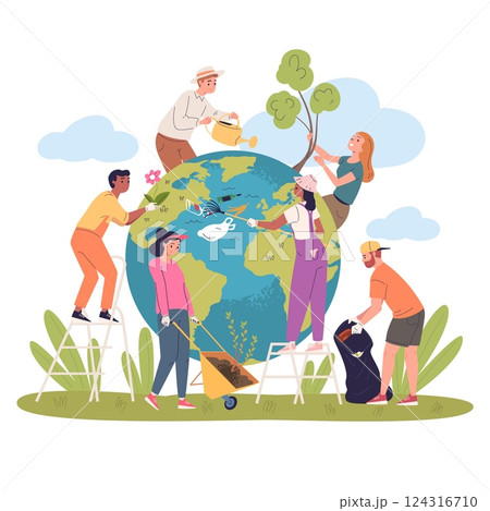 People cleaning earth planet. Eco activists clean world from plastic waste, earth day concept man woman collect garbage and plant trees save environment, classy vector illustration 124316710
