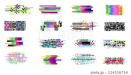 Tv glitch effect set. Screen noise digital artifacts, no signal data interference pixel decay texture glitched vhs video television error abstract bug, classy vector illustration 124316714