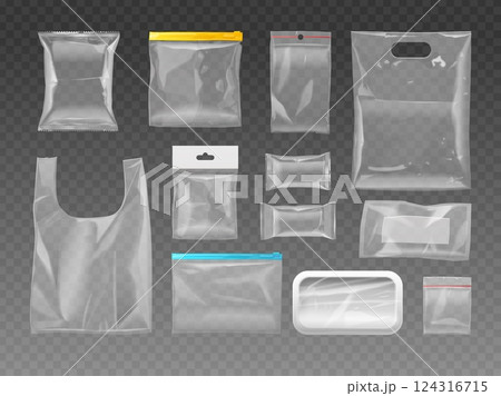 Plastic vacuum packaging. Cellophane polystyrene packing, sealed polyethylene pack mockup for food product branding, empty clear snack wrapper realistic exact vector illustration 124316715
