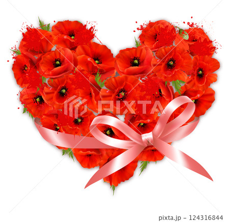 Nature greeting card with red poppies gathered in the shape of a heart and pink ribbon. Vector. 124316844