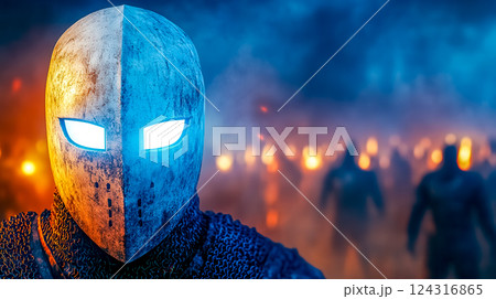 Futuristic knight wearing glowing helmet facing blurred crowd with torches 124316865
