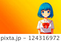 Blue hair anime girl wearing japanese school uniform smiling on orange background 124316972
