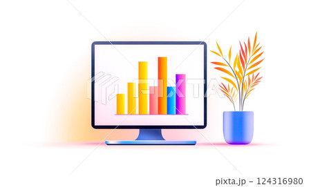 Modern computer displaying colorful bar graph with decorative plant Modern computer displaying colorful bar graph with decorative plant 124316980