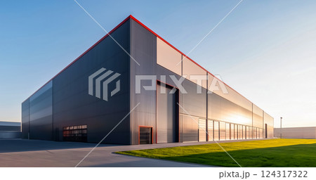 対称的な金属倉庫と整然とした環境の工業団地、夜明けの物流ハブ 124317322