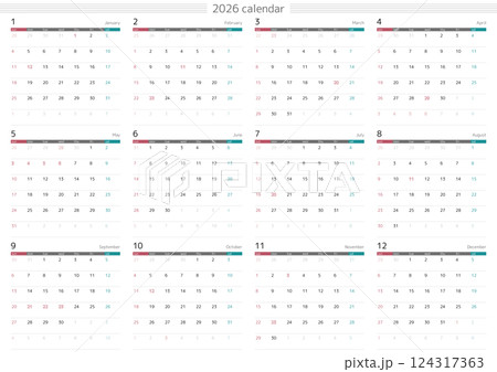 2026年 メモスペースのあるシンプルなカレンダー 12ヶ月一覧　日本の祝祭日対応 124317363