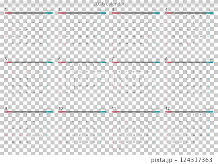 2026年 メモスペースのあるシンプルなカレンダー 12ヶ月一覧　日本の祝祭日対応 124317363