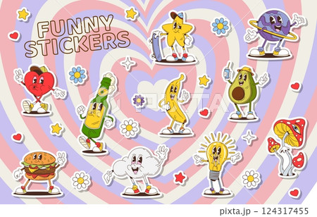 Cartoon groovy characters stickers pack. Vector retro y2k heart, star and planet, banana, beer bottle, burger and amanita mushroom. Cloud, light bulb and avocado with funky and playful expressions Cartoon groovy characters stickers pack. Vector retro y2k heart, star and planet, banana, beer bottle, burger and amanita mushroom. Cloud, light bulb and avocado with funky and playful expressions 124317455