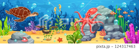 Cartoon underwater landscape, game background with sea animals and fish vector characters. Funny sea turtle, octopus, clownfish shoal and seahorse, eel and starfish at underwater landscape background 124317463