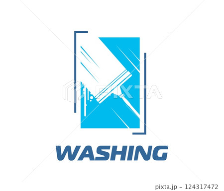 Window washing and cleaning service icon with squeegee and glass, vector symbol. Home cleaning and house windows wash and professional maintenance service emblem with detergent and squeegee scraper Window washing and cleaning service icon with squeegee and glass, vector symbol. Home cleaning and house windows wash and professional maintenance service emblem with detergent and squeegee scraper 124317472