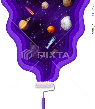 Paper cut space landscape of planets and stars wave splash with paint roller, vector universe galaxy, astronomy. Cartoon outer space, Moon, Earth, Saturn and Mars with 3d paper cut layered borders 124317477