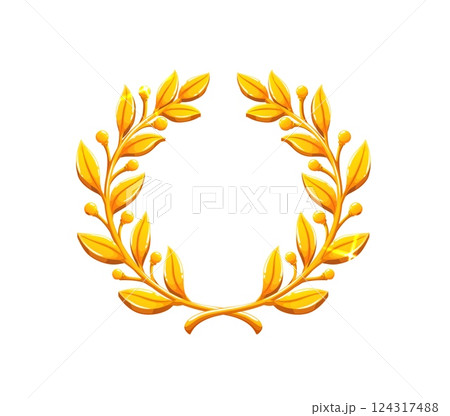 Golden laurel wreath badge for game asset and heraldic symbol, vector cartoon icon. Laurel wreath of golden olive leaves branch with shiny gold for best award or winner triumph reward of game asset 124317488