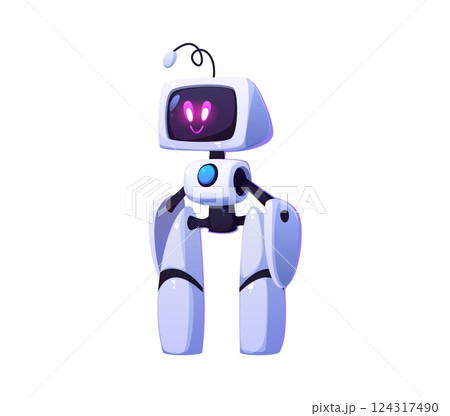 Cartoon futuristic robot or droid mascot character and digital alien, vector cyber bot. Cute funny futuristic robot with electronic display or computer face for kids toy and galaxy cosmic android bot Cartoon futuristic robot or droid mascot character and digital alien, vector cyber bot. Cute funny futuristic robot with electronic display or computer face for kids toy and galaxy cosmic android bot 124317490